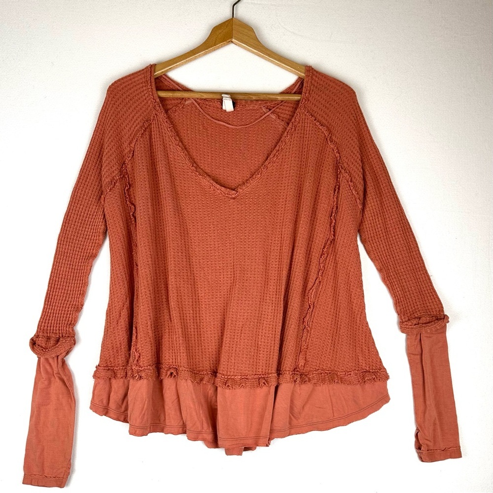 We the‎ Free Laguna Oversized Waffle Thermal Knit Raw Edged Shirt Boho